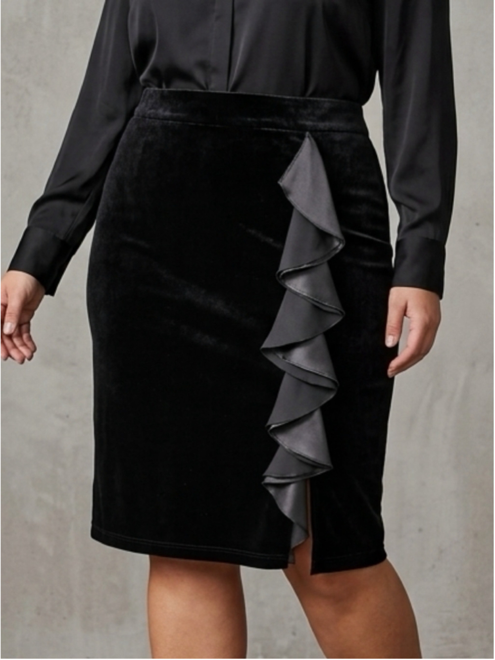 Women's Laura plus size Black Velvet Pencil Skirt with Ruffle Detail 2028